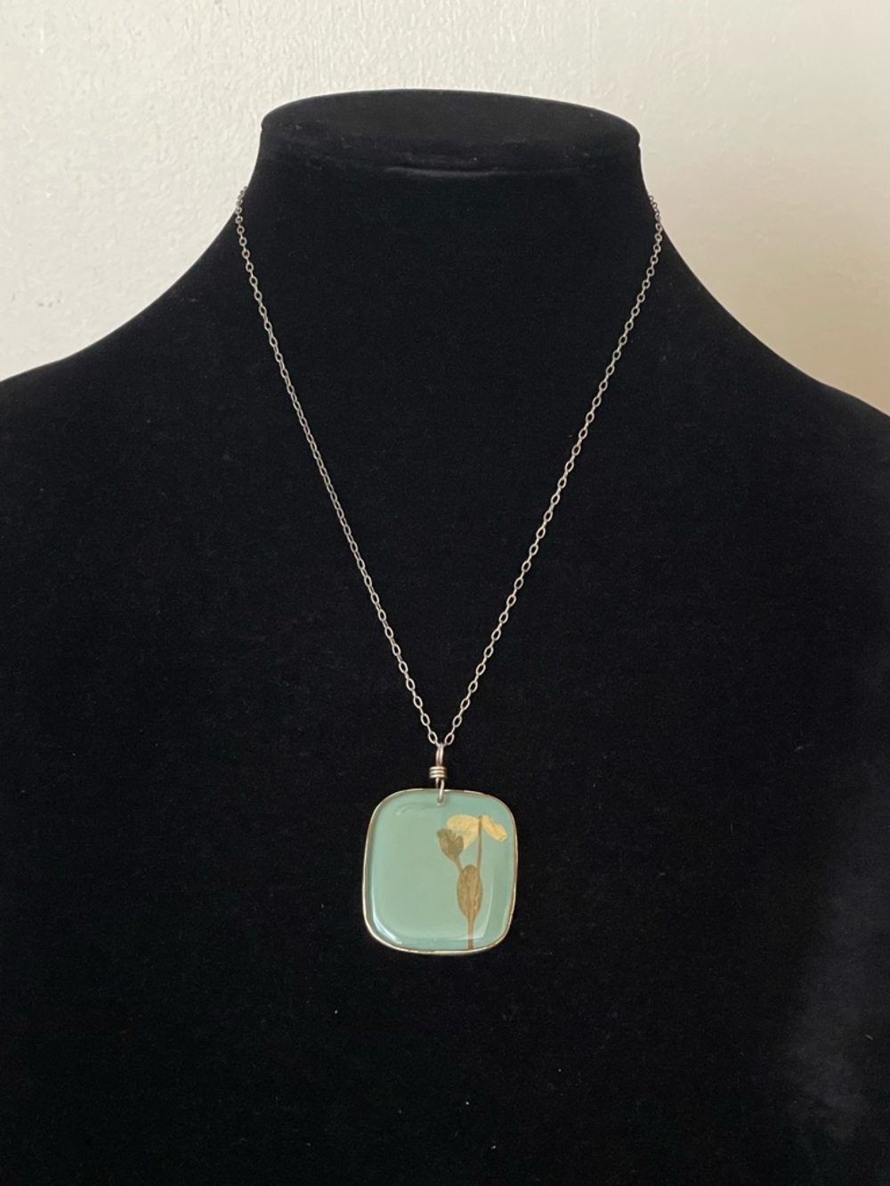 Hand Crafted Aqua Pendant Necklace with real pressed flowers, botanical